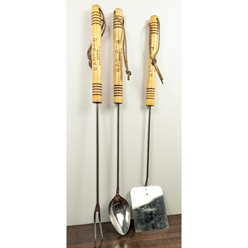 Vintage Androck BAR-B-Q Stainless Steel BBQ Tool Set 3pc Wood Handles